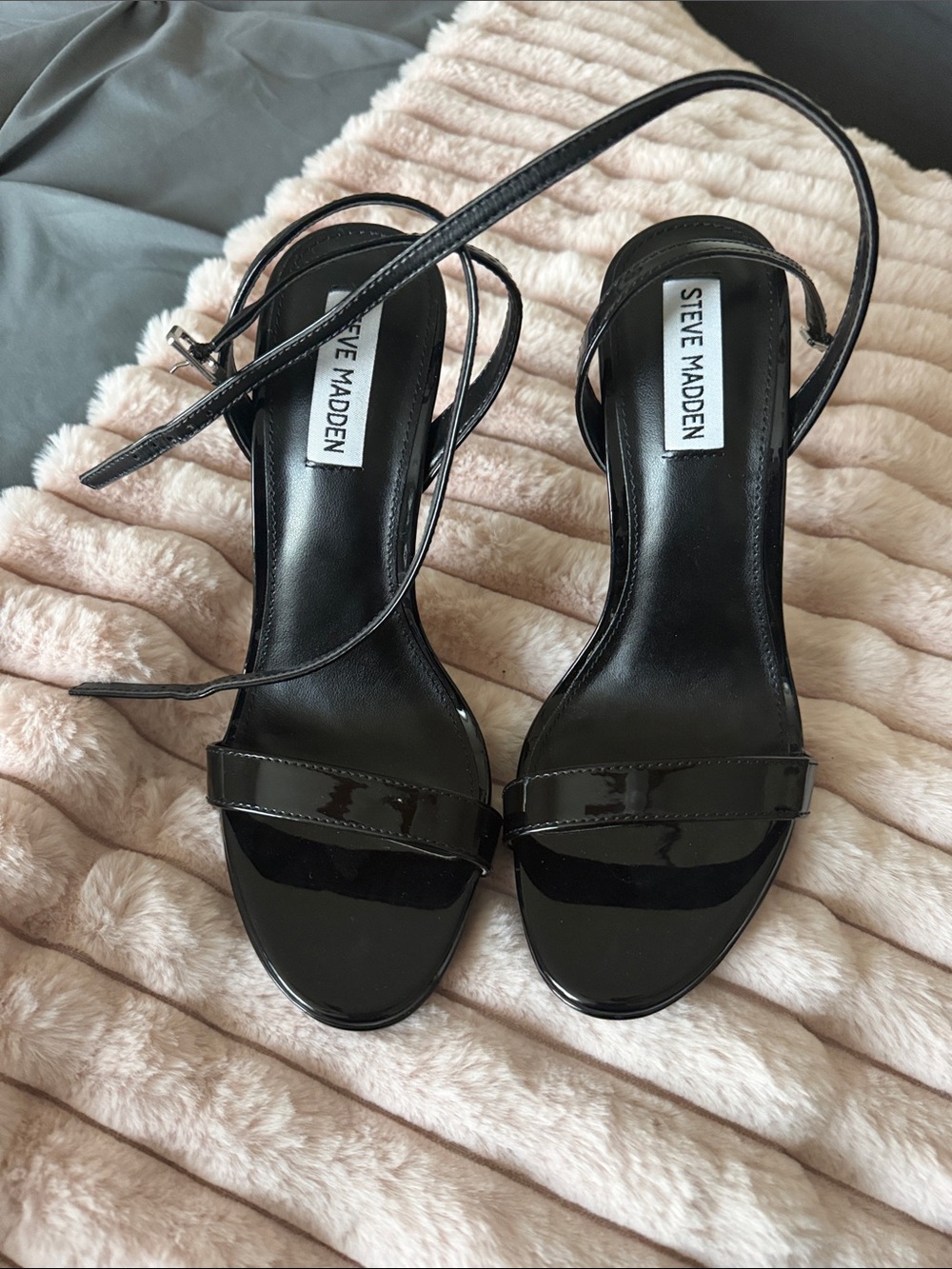 Steve Madden Black Patent Open-Toe Ankle-Strap Heels
